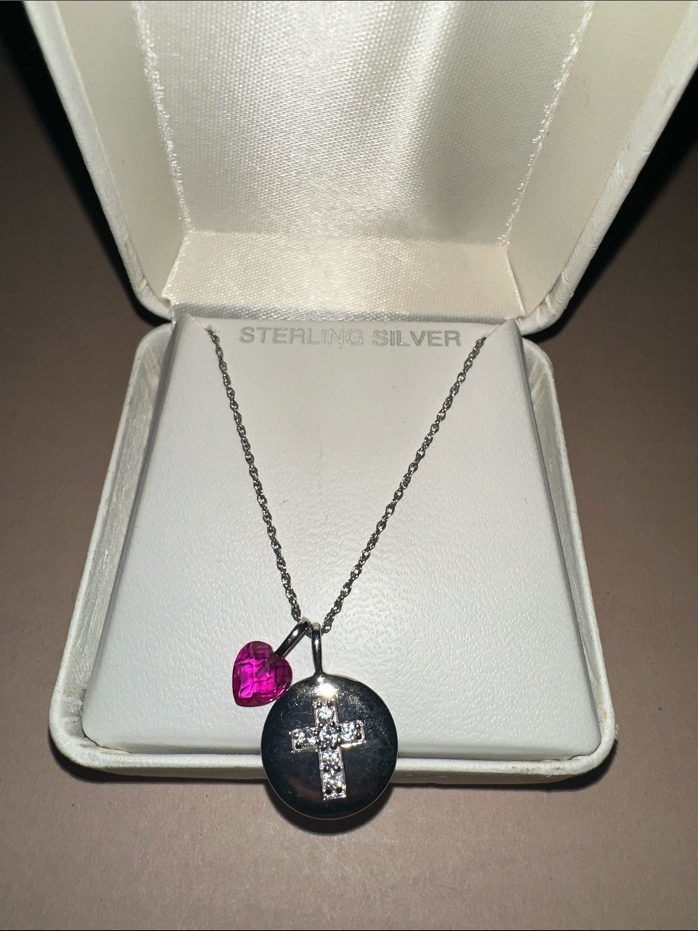 Sterling Silver Cross Pendant Necklace with Pink Heart Charm 925